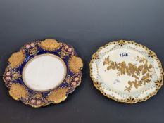 A COPELAND IMARI PALETTE PLATE TOGETHER WITH A CROWN DERBY PLATE GILT WITH A BRANCH OF BLOSSOM,