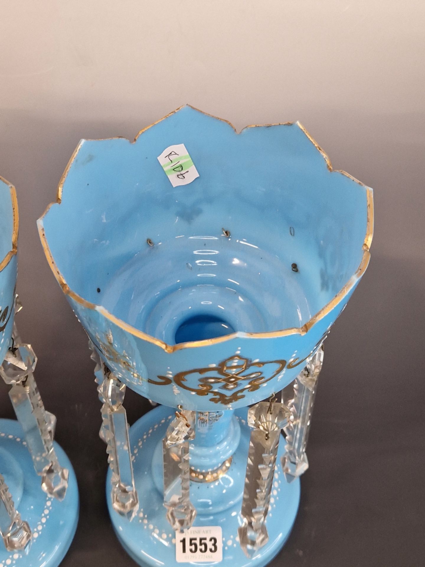 A PAIR OF LATE 19th C. BOHEMIAN SKY BLUE GLASS LUSTRES, THE CROWN TOPS GILT WITH SCROLL BANDS ABOVE - Image 4 of 5