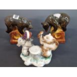 A LOMONOSOV PORCELAIN INKWELL FLANKED BY TWO FEASTING BEARS TOGETHER WITH TWO OTHER RUSSIAN BEARS