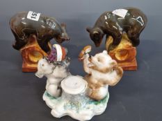 A LOMONOSOV PORCELAIN INKWELL FLANKED BY TWO FEASTING BEARS TOGETHER WITH TWO OTHER RUSSIAN BEARS