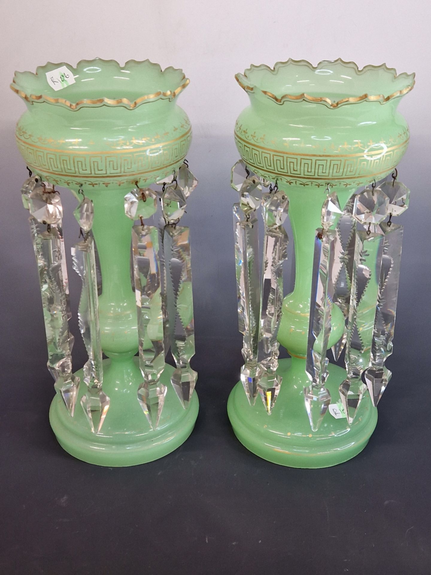 A PAIR OF 19th C. MISTED GREEN GLASS LUSTRES, THE PETAL EDGED TOPS GILT WITH KEY FRET BANDS ABOVE CL - Image 2 of 6