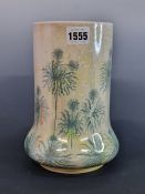 A RUSKIN YELLOW GROUND VASE DATED 1913 AND PAINTED WITH GREEN STEMS OF DAISY LIKE FLOWERS. H 21cms.