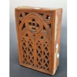 A DECORATIVE BRICK BY PLATTS PIERCED ON ONE SIDE WITH A GOTHIC WINDOW. H 26cms.