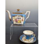 A PARIS PORCELAIN SEVRES STYLE BLUE GROUND FLOWER PAINTED TEA POT, COVER, CUP AND SAUCER