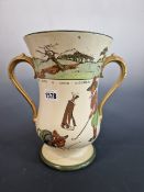 ROYAL DOULTON. A LARGE GOLFING SERIES WARE TWO HANDLED VASE. 26 cm HIGH.