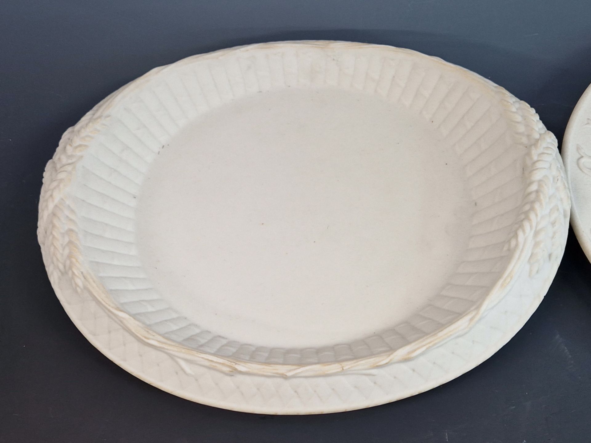 A COPELAND BISCUIT PORCELAIN BREAD PLATE TOGETHER WITH TWO OTHERS, THE LARGEST. Dia 34cms. - Image 2 of 3