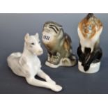 THREE LOMONOSOV PORCELAIN ANIMALS, A DOG, A CAT AND A MONKEY