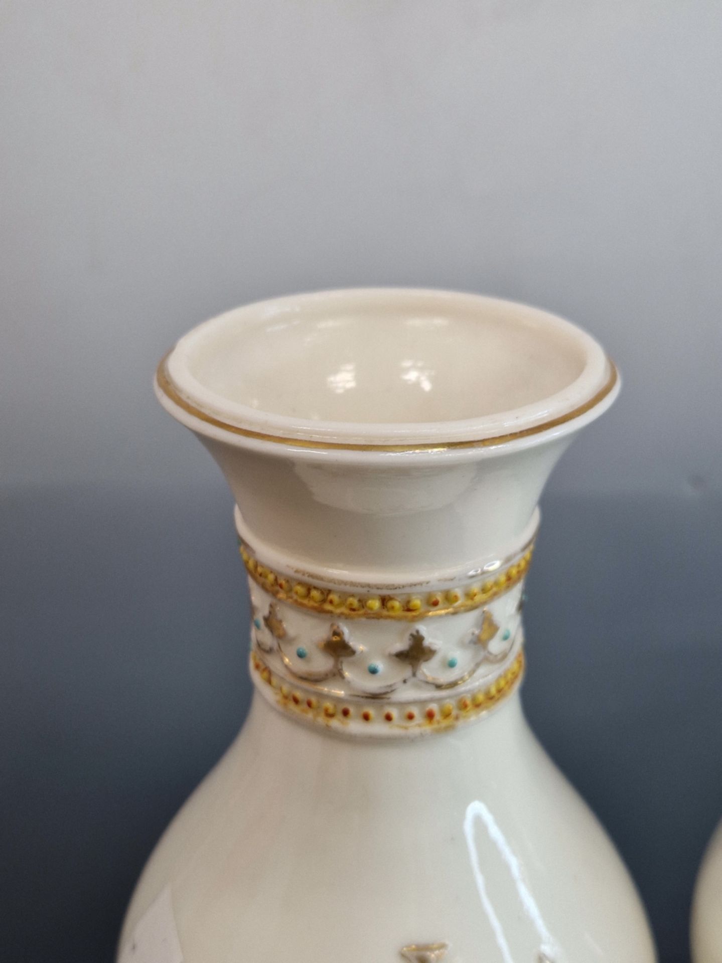 ATTRIBUTED TO A DESIGN BY A W N PUGIN, A PAIR OF GLAZED PARIAN BALUSTER ALTAR VASES. H 21cms. - Image 2 of 13