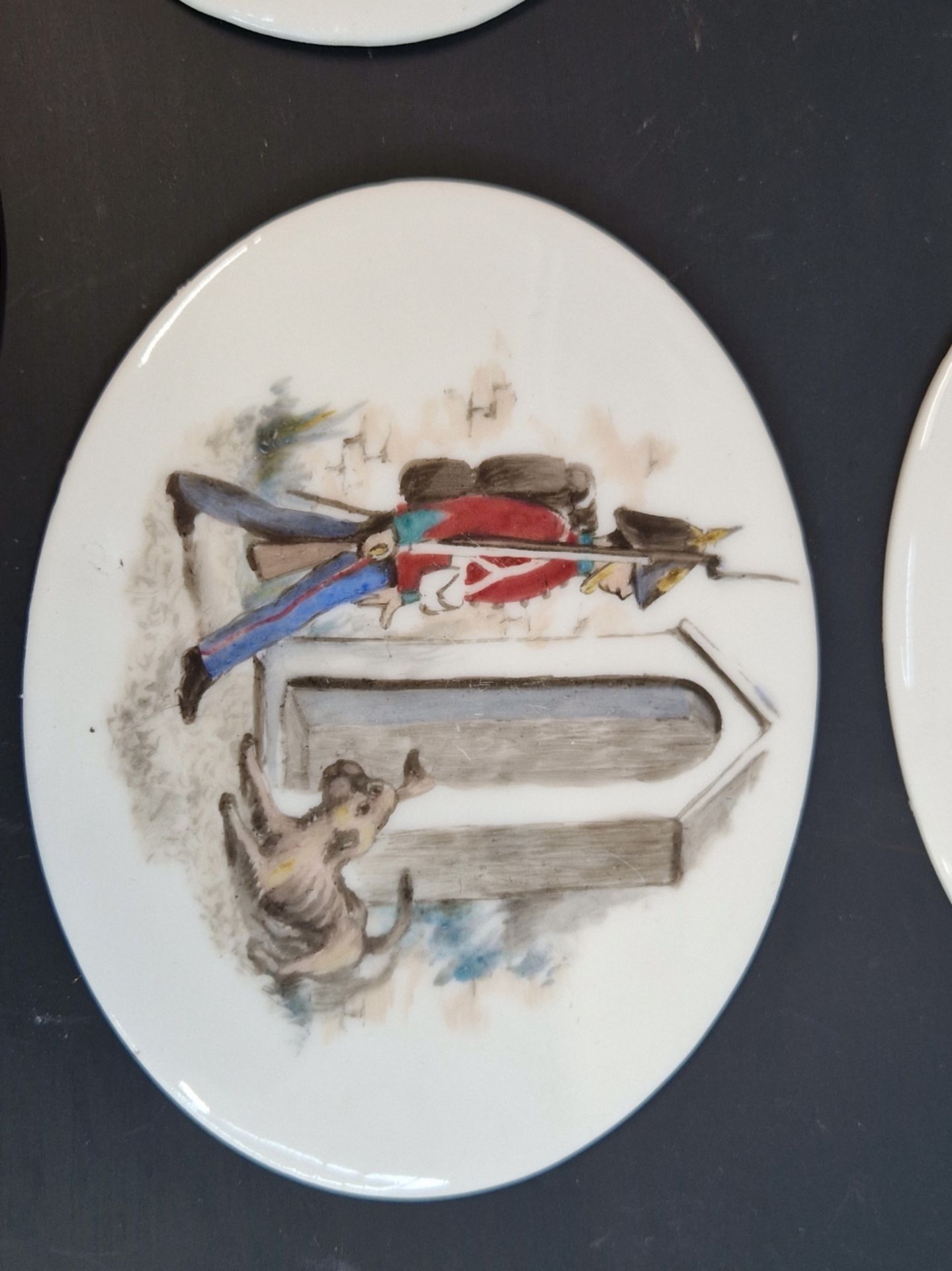 A SET OF EIGHT EUROPEAN PORCELAIN OVAL PLAQUES DECORATED WITH HORSES, FABLES, YACHTS AND DOGS. W - Image 7 of 10