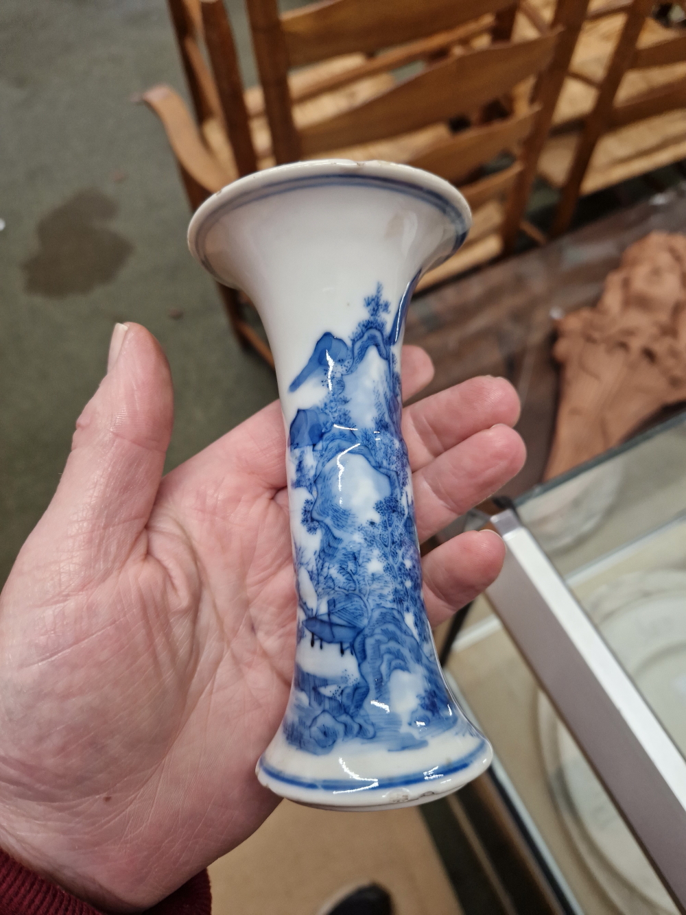 A PAIR OF CHINESE BLUE AND WHITE WAISTED CYLINDRICAL VASES PAINTED WITH MOUNTAINOUS LANDSCAPES, SEAL - Image 17 of 22