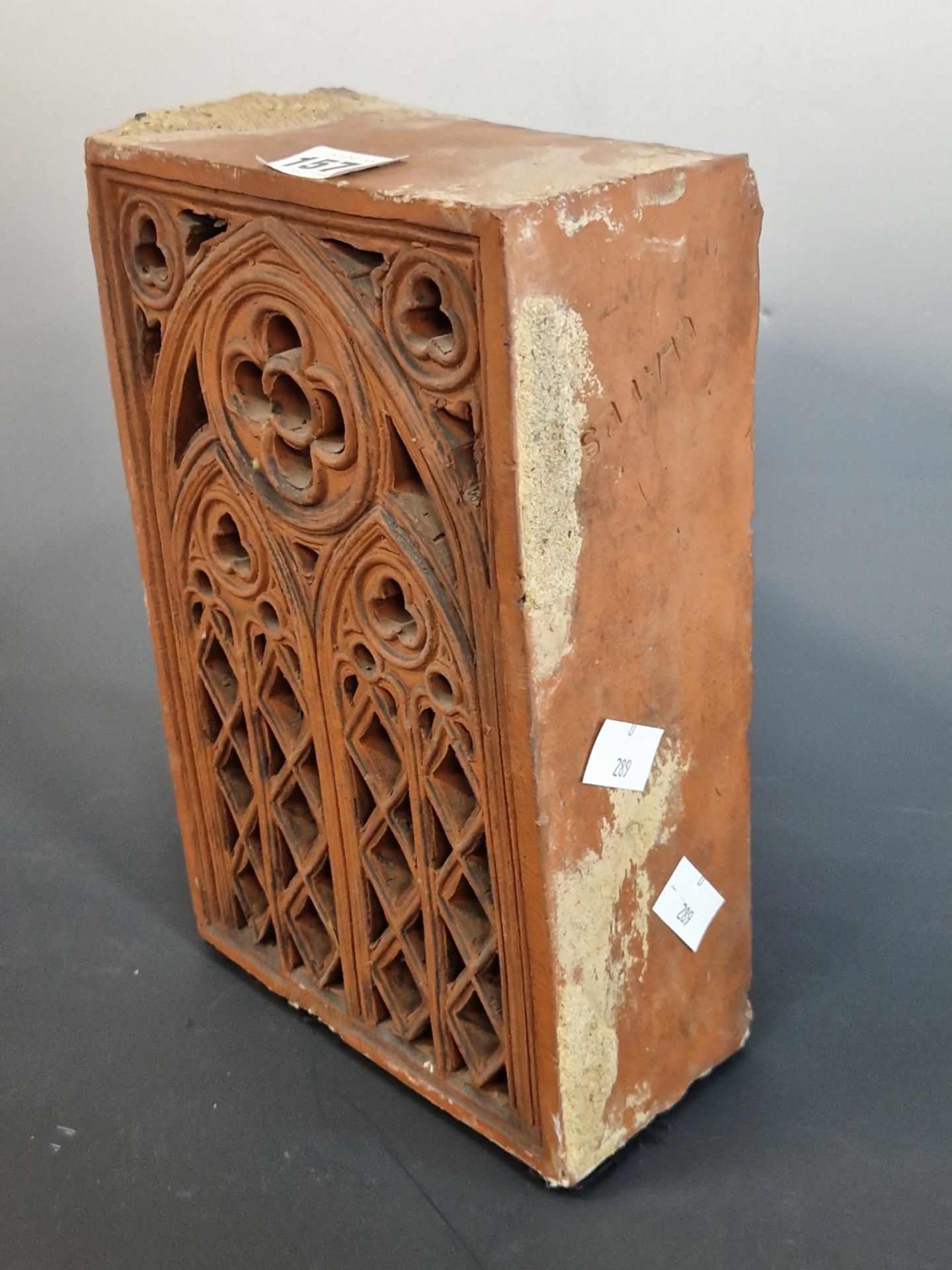 A DECORATIVE BRICK BY PLATTS PIERCED ON ONE SIDE WITH A GOTHIC WINDOW. H 26cms. - Image 3 of 4
