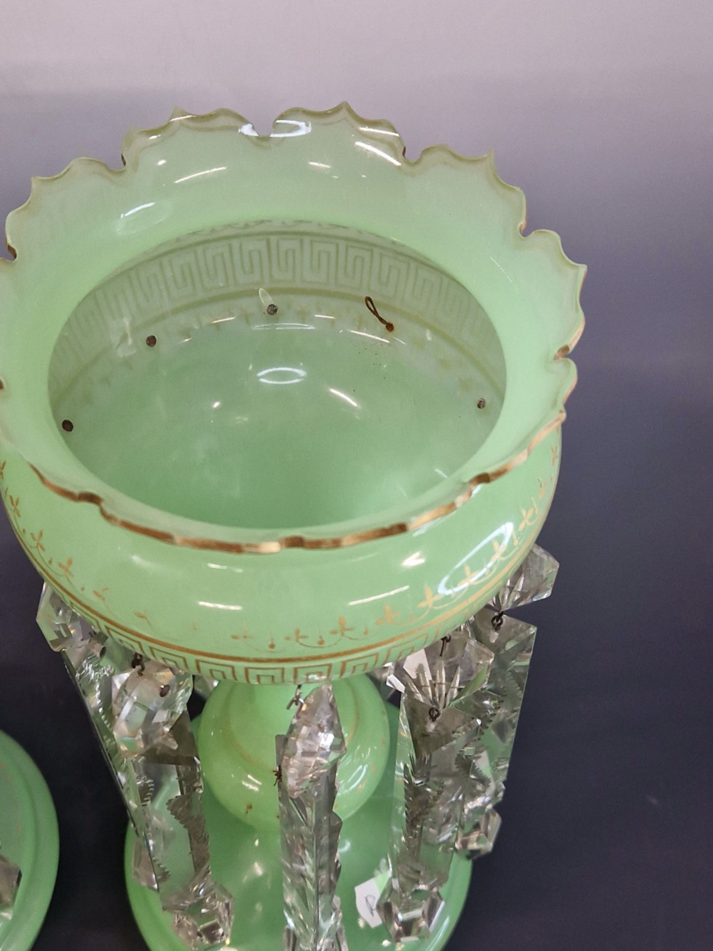 A PAIR OF 19th C. MISTED GREEN GLASS LUSTRES, THE PETAL EDGED TOPS GILT WITH KEY FRET BANDS ABOVE CL - Image 4 of 6