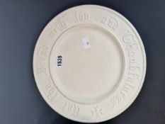 A COPELAND BISCUIT PORCELAIN BREAD PLATE TOGETHER WITH TWO OTHERS, THE LARGEST. Dia 34cms.
