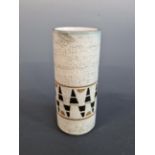 TROIKA CORNWALL. A CYLINDER VASE DECORATED BY LINDA HAZEL. 14 cm. HIGH.