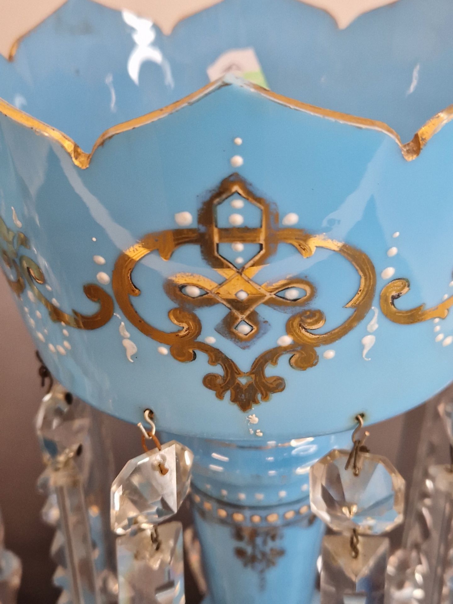A PAIR OF LATE 19th C. BOHEMIAN SKY BLUE GLASS LUSTRES, THE CROWN TOPS GILT WITH SCROLL BANDS ABOVE - Image 5 of 5