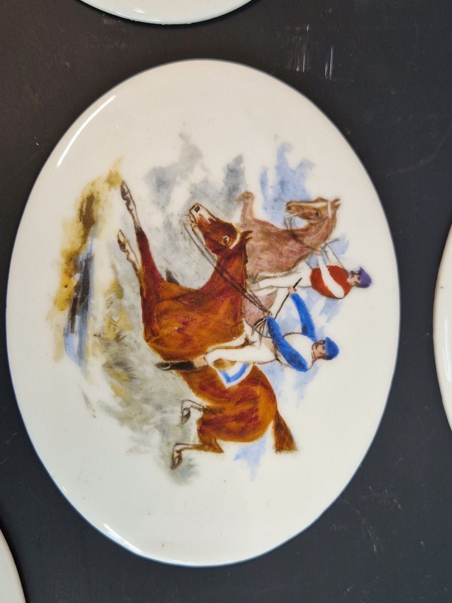 A SET OF EIGHT EUROPEAN PORCELAIN OVAL PLAQUES DECORATED WITH HORSES, FABLES, YACHTS AND DOGS. W - Image 6 of 10