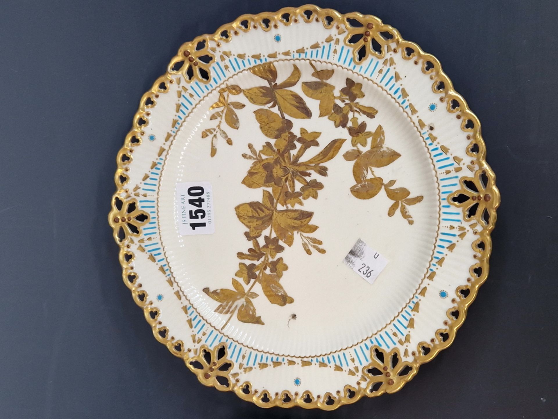 A COPELAND IMARI PALETTE PLATE TOGETHER WITH A CROWN DERBY PLATE GILT WITH A BRANCH OF BLOSSOM, - Image 2 of 5