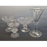 AN 18th C. ALE GLASS WITH TEARED STEM AND FOLDED FOOT, TWO GLASSES WITH DIAMOND DIAPERED BOWLS,