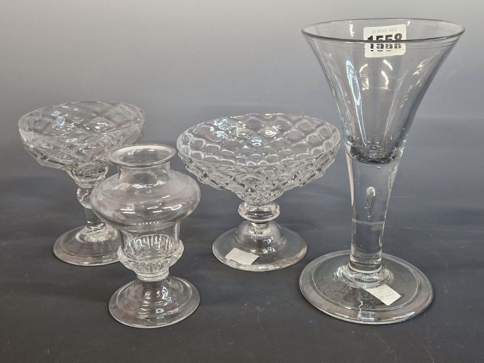 AN 18th C. ALE GLASS WITH TEARED STEM AND FOLDED FOOT, TWO GLASSES WITH DIAMOND DIAPERED BOWLS,