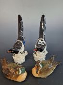 TWO LOMONOSOV PORCELAIN MAGPIES TOGETHER WITH TWO PINTAIL DUCKS