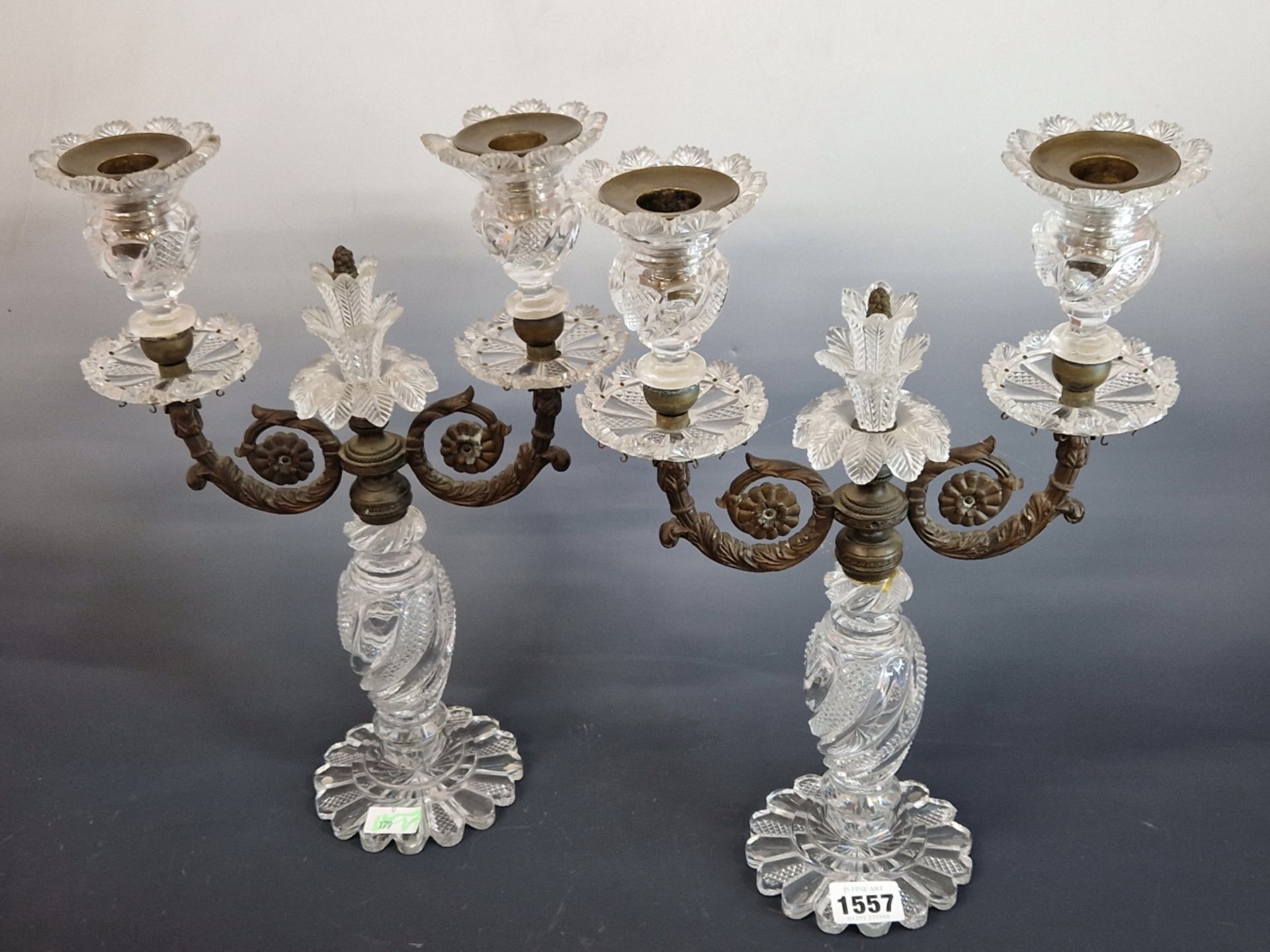 A PAIR OF CUT GLASS AND BRONZE TWO LIGHT LUSTRE CANDELABRA SUPPORTED ON PETAL FEET. H 34cms.