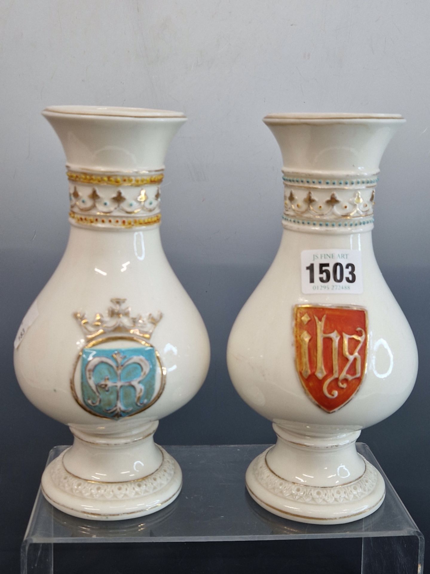 ATTRIBUTED TO A DESIGN BY A W N PUGIN, A PAIR OF GLAZED PARIAN BALUSTER ALTAR VASES. H 21cms.