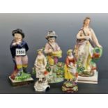 FIVE VARIOUS EARLY 19th C. STAFFORDSHIRE POTTERY FIGURES, TO INCLUDE SHEPERDESSES, A FIGURE OF