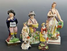 FIVE VARIOUS EARLY 19th C. STAFFORDSHIRE POTTERY FIGURES, TO INCLUDE SHEPERDESSES, A FIGURE OF