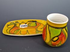 POOLE POTTERY. A 1970S SHAPED RECTANGULAR DISH 18 cm TOGETHER WITH A SIMILAR SMALL VASE. 9 cm HIGH.