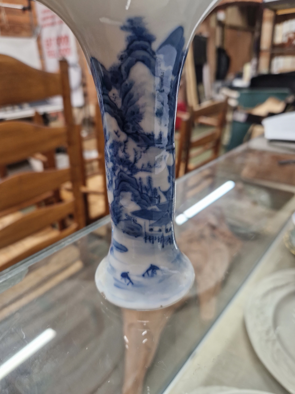 A PAIR OF CHINESE BLUE AND WHITE WAISTED CYLINDRICAL VASES PAINTED WITH MOUNTAINOUS LANDSCAPES, SEAL - Image 8 of 22