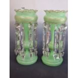 A PAIR OF 19th C. MISTED GREEN GLASS LUSTRES, THE PETAL EDGED TOPS GILT WITH KEY FRET BANDS ABOVE CL