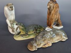FOUR LOMONOSOV PORCELAIN FIGURES OF A GORILLA, A MONKEY, A CROCODILE AND A HIPPO