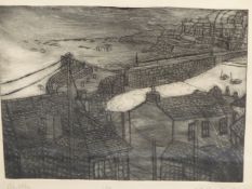 PHIL WHITING, ENGLISH B. 1948. NIGHT STORM AT MOUSEHOLE CORNWALL, NUMBERED 2 OF 35. ETCHING, 23 X 27