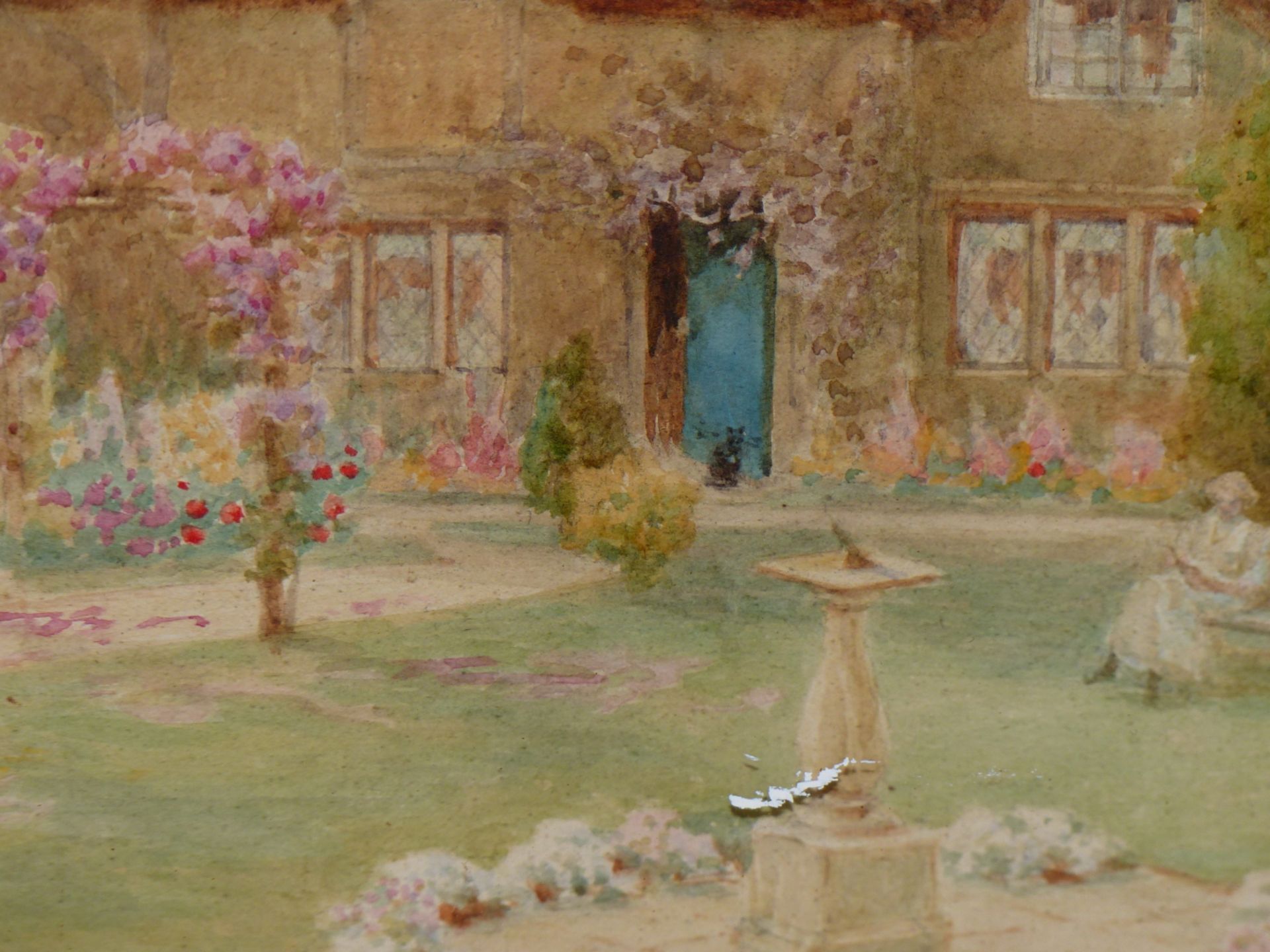 19th/20th C. ENGLISH SCHOOL READING IN THE GARDEN, SIGNED INDISTINCTLY, WATERCOLOUR. 36 x 53cms - Image 5 of 7