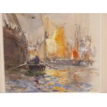 ? BRENT. ( EARLY 20TH CENTURY SCHOOL) ROWING A TENDER TO SHIPS IN DOCK. WATERCOLOUR. SIGNED