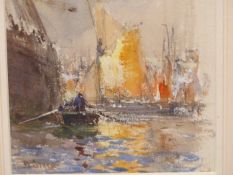 ? BRENT. ( EARLY 20TH CENTURY SCHOOL) ROWING A TENDER TO SHIPS IN DOCK. WATERCOLOUR. SIGNED