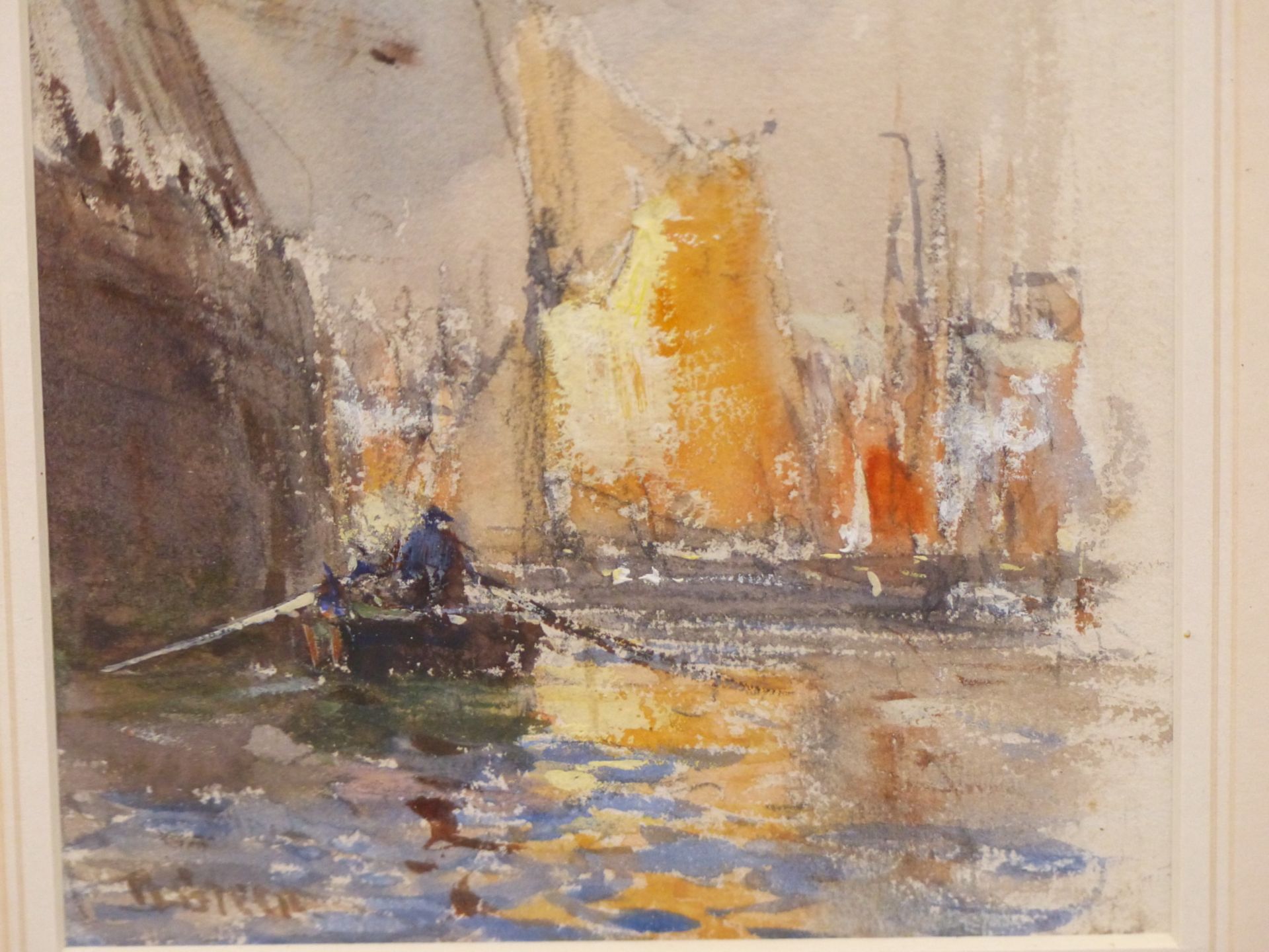 ? BRENT. ( EARLY 20TH CENTURY SCHOOL) ROWING A TENDER TO SHIPS IN DOCK. WATERCOLOUR. SIGNED