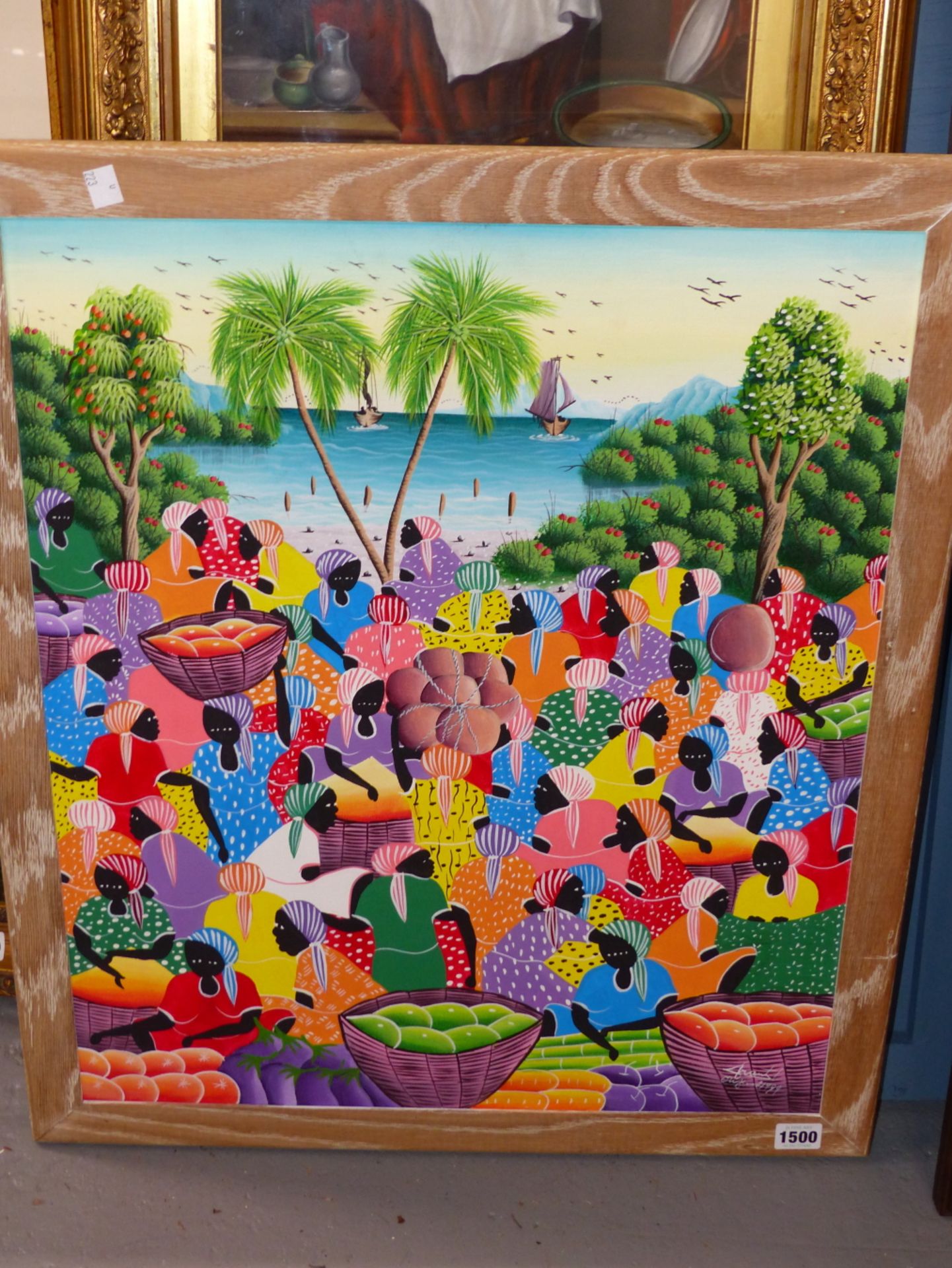 CONTEMPORARY CARIBBEAN SCHOOL A CROWDED MARKET PLACE BY THE SEA, SIGNED INDISTINCTLY, GOUACHE. 60 - Image 2 of 4