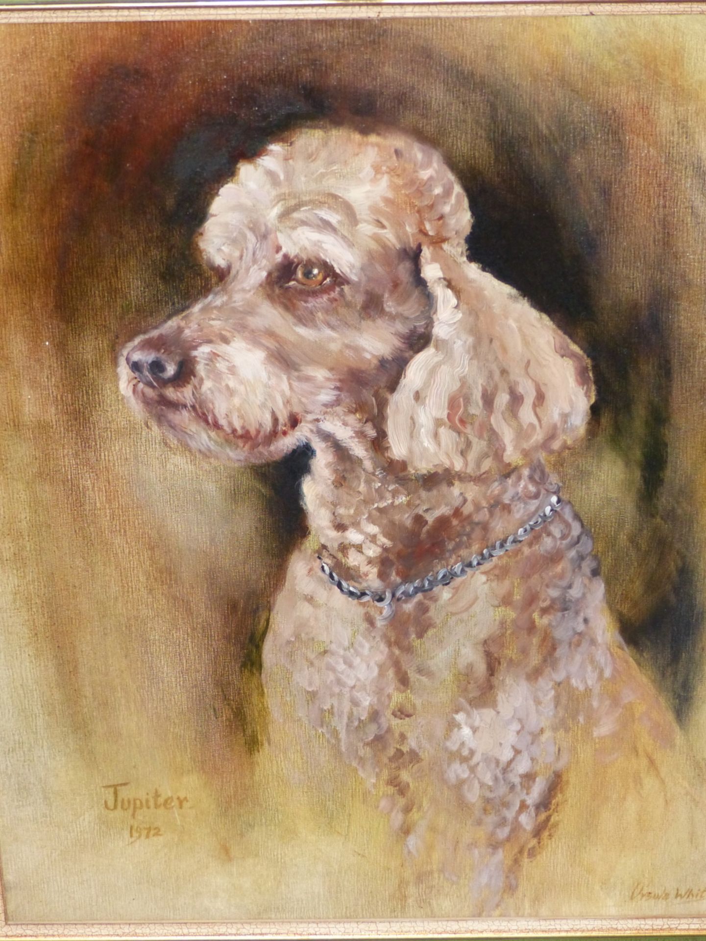 URSULA WHITE (ENGLISH CONTEMPORARY SCHOOL) ARR. PORTRAIT OF JUPITER, A BROWN POODLE, SIGNED, OIL - Image 2 of 6