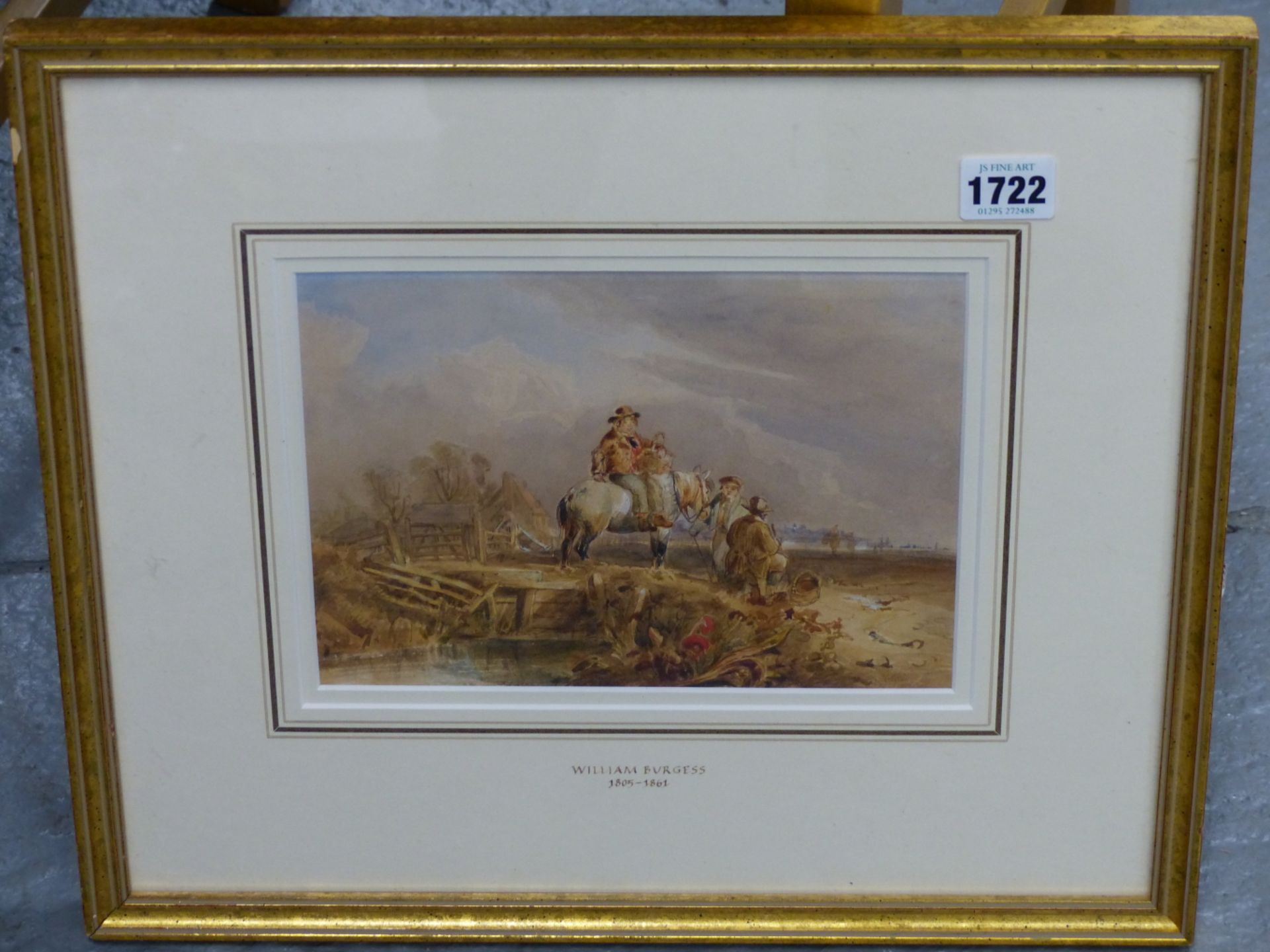 ATTB. WILLIAM BURGESS. ( 1805-1862) TRAVELLERS BEYOND A BRIDGE. WATERCOLOUR. LABELLED VERSO. 22 X 16 - Image 5 of 6