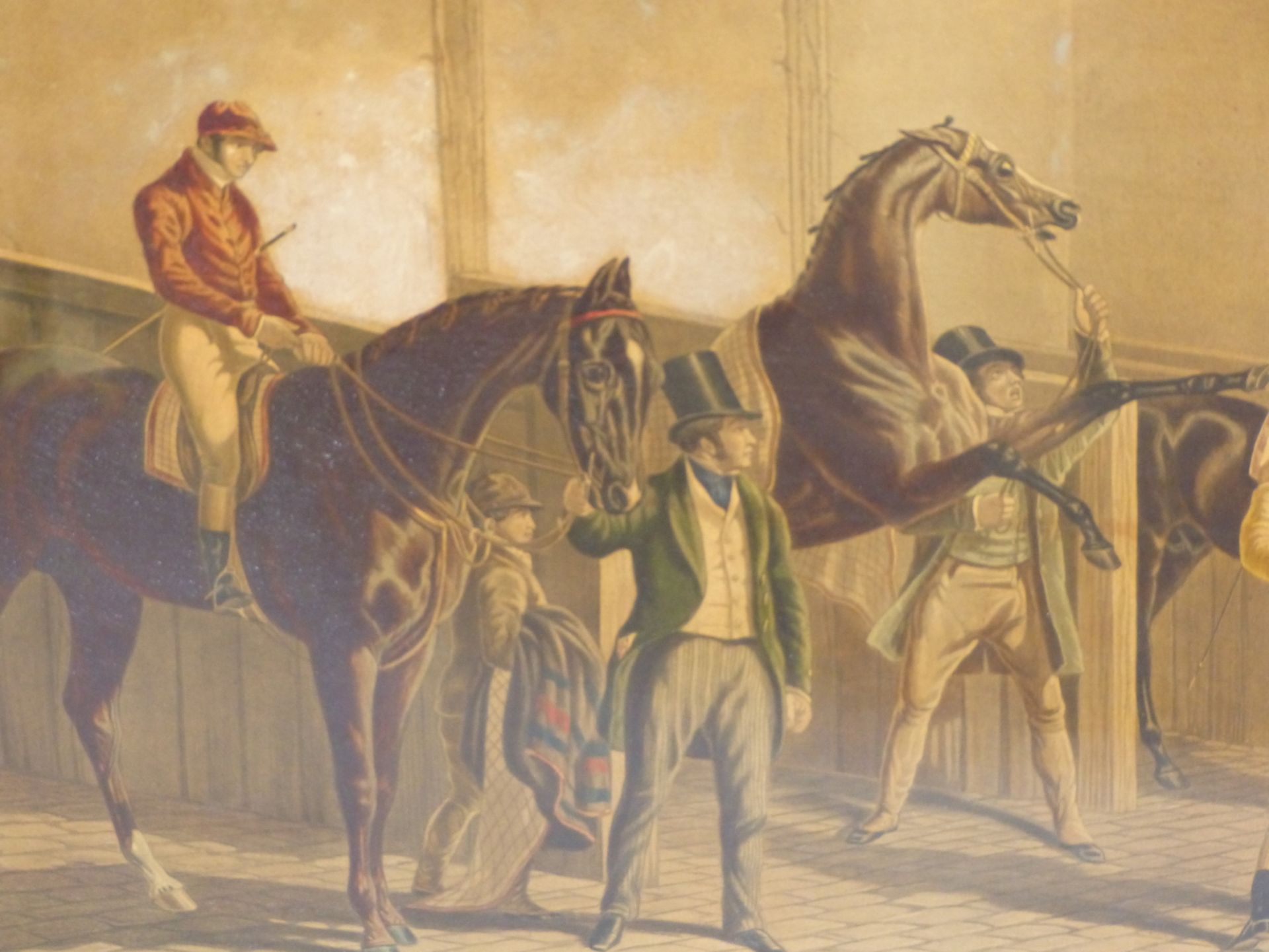 AN ANTIQUE COLOUR PRINT OF RACE HORSES IN A STABLE IN AN IMPRESSIVE GILT FRAME. 65 x 88cms - Image 5 of 11