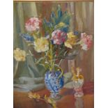MONTAGUE LEDER (1897-1976) ARR, A VASE OF FLOWERS BY A PORCELAIN FIGURE, OIL ON BOARD, SIGNED