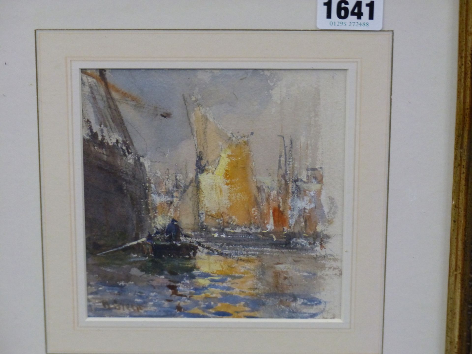 ? BRENT. ( EARLY 20TH CENTURY SCHOOL) ROWING A TENDER TO SHIPS IN DOCK. WATERCOLOUR. SIGNED - Image 4 of 6