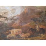 19th C. ENGLISH SCHOOL IN THE MANNER OF GEORGE MORLAND. HERDING THE CATTLE, OIL ON CANVAS. 41 x
