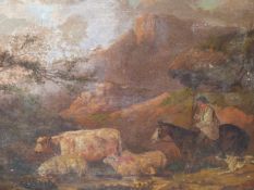 19th C. ENGLISH SCHOOL IN THE MANNER OF GEORGE MORLAND. HERDING THE CATTLE, OIL ON CANVAS. 41 x