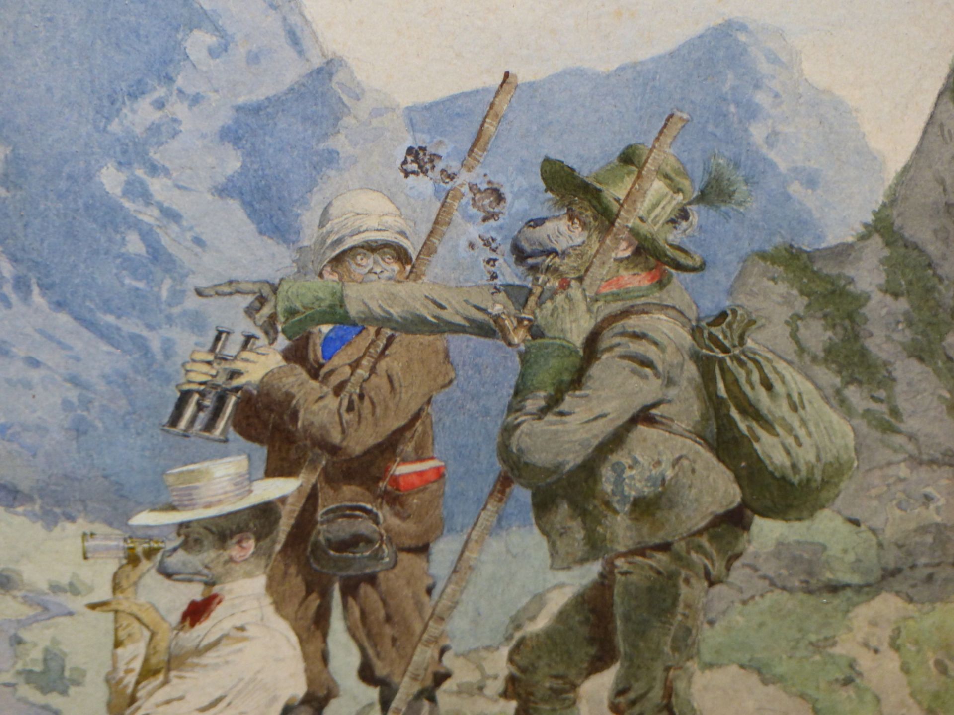 ALOIS GREIL (1842-1902), THREE ANTHROPOMORPHIC CLIMBERS IN THE AUSTRIAN ALPS. WATERCOLOUR, SIGNED - Image 5 of 7