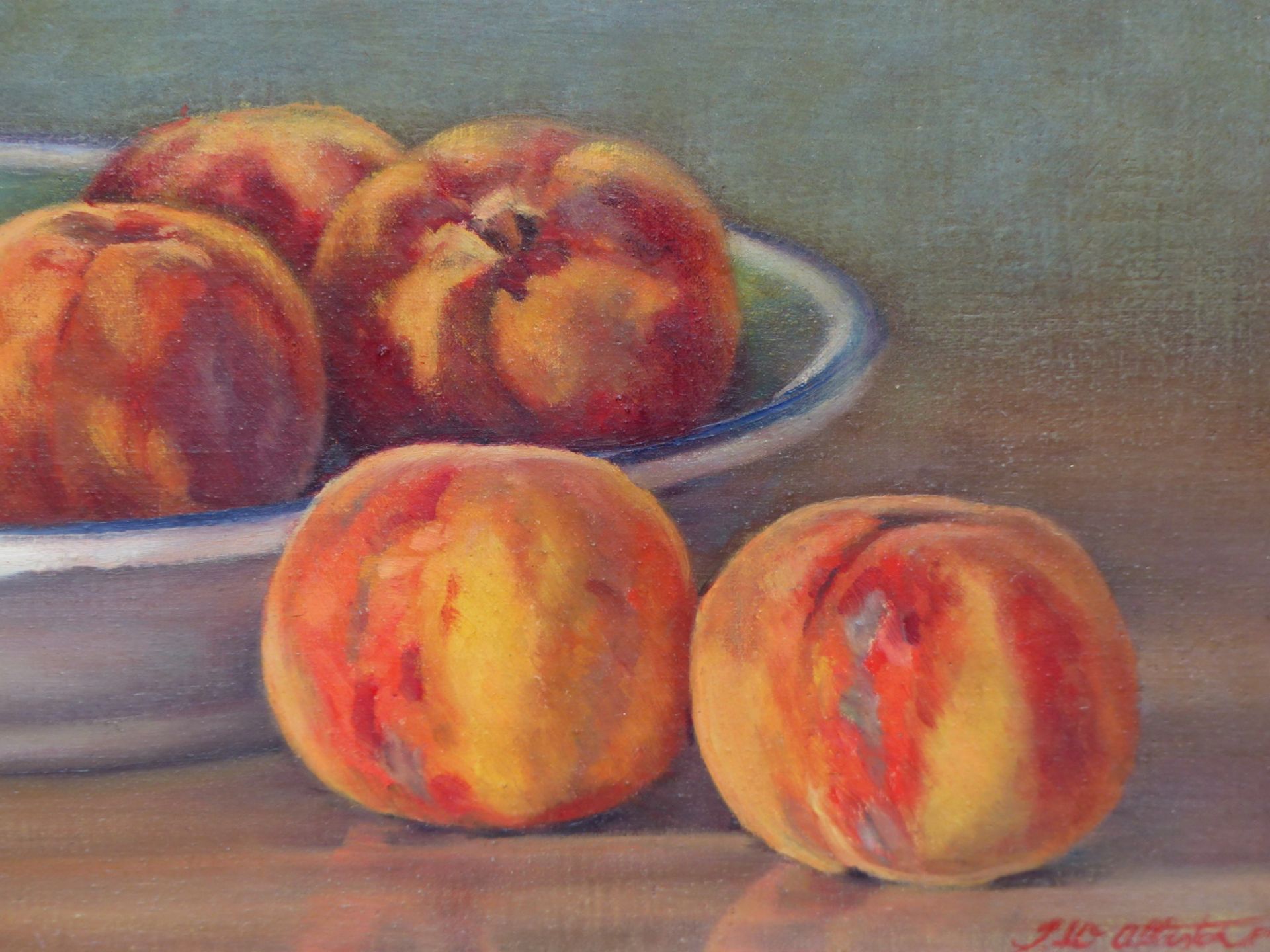 J. MACALLISTER (20th C. SCHOOL) ARR. A TABLE TOP STILL LIFE OF FRUIT, OIL ON BOARD. 21 x 60cms - Image 6 of 8