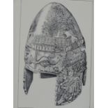 20TH CENTURY SCHOOL. A NORSE WARRIORS HELMET. FINE PEN AND INK ILLUSTRATION. 19 X 25 cm (SHEET