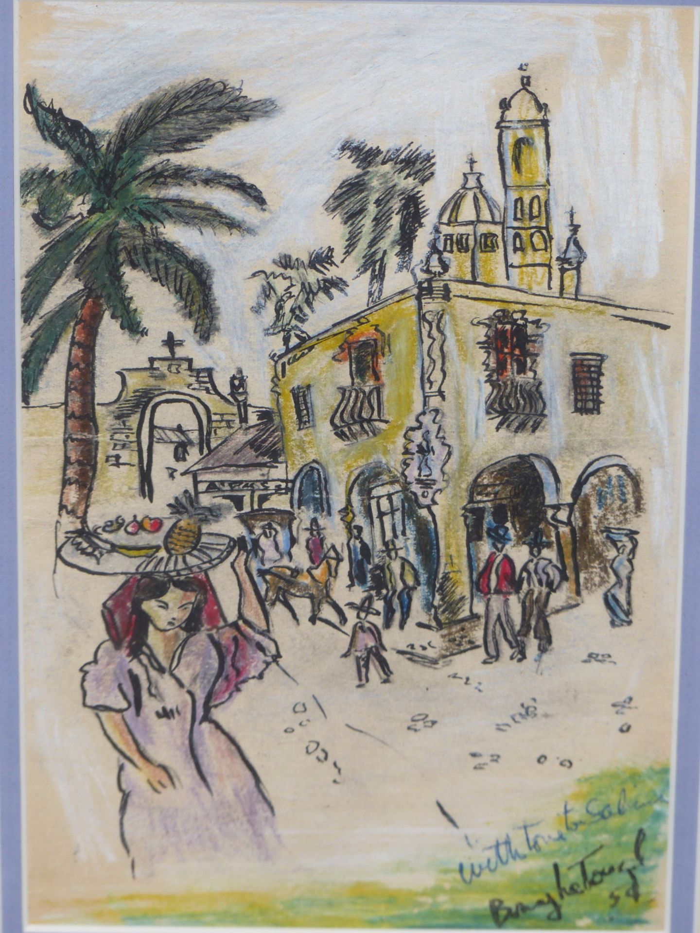 BONEY LE TOUZEL ( 20TH CENTURY) A HISPANIC TOWN SCENE. PASTEL. SIGNED WITH DEDICATION AND DATED '54.