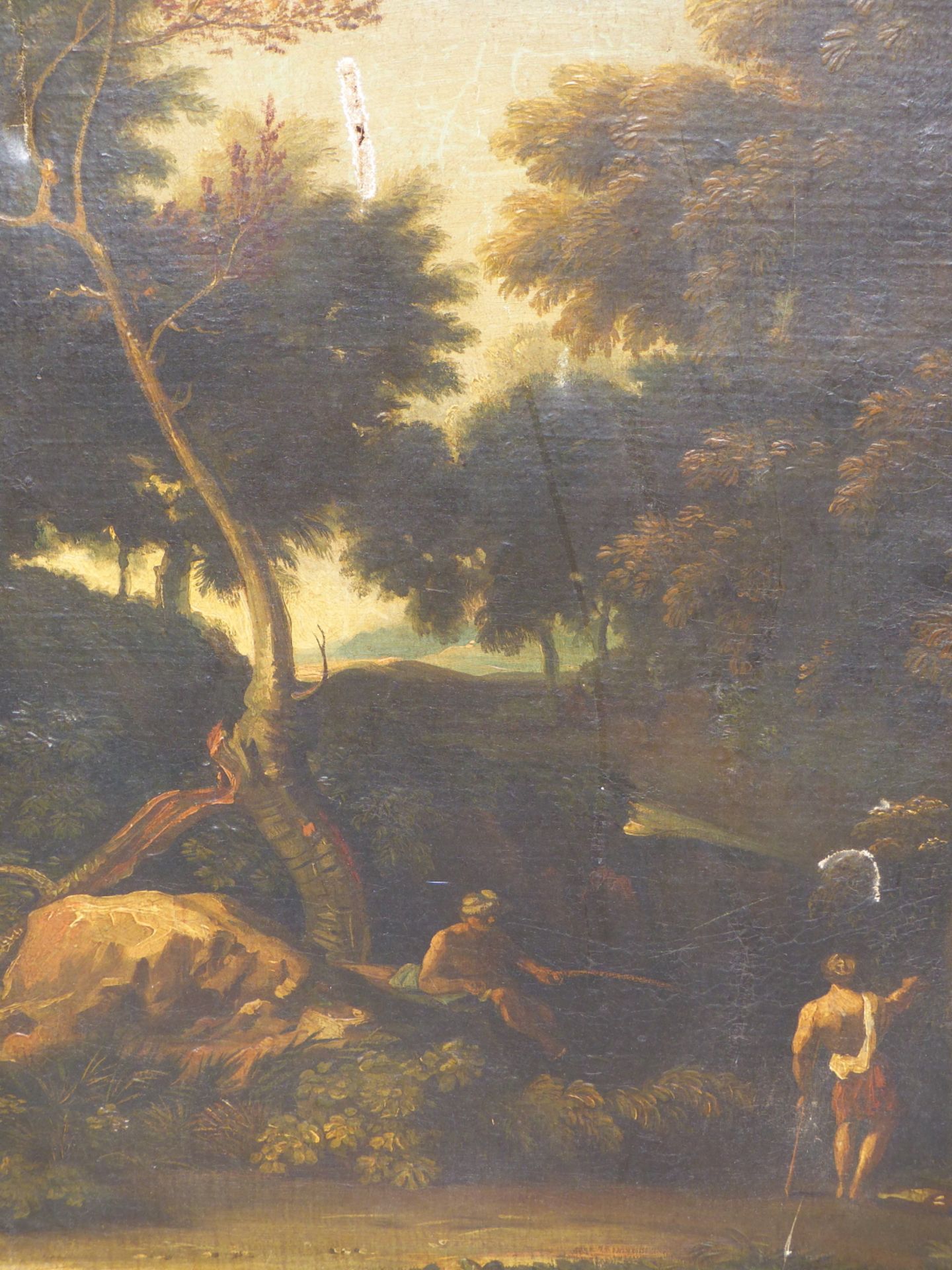 17TH /18TH CENTURY OLD MASTER SCHOOL. TWO FIGURES BY A WOODLAND STREAM. OIL ON CANVAS. THE GILT